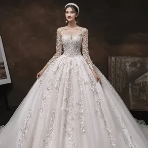 Gaun pengantin lengan panjang mewah, gaun pengantin elegan dengan kereta api 2023