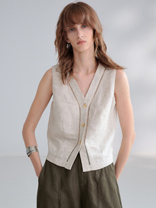 <strong>Women's</strong> <strong>Linen</strong> Blend V-Neck Vest Sleeveless Button-Front Top with Hollow-Out Trim Breathable Summer Layering <strong>Waistcoat</strong> - Product Image 5