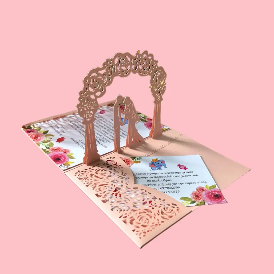 Pafu Personalizar casamento Cartão Oco Pop Up Rose Gold Cartões De Convite Dia Dos Namorados Cartão De Casamento 3D