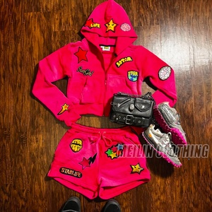Custom logo Two Piece Women Clothes <b>Zip</b> <b>up</b> Hoodies and Shorts Set Acid Washed <b>Cropped</b> Hoodie and Shorts Set - Product Image 2
