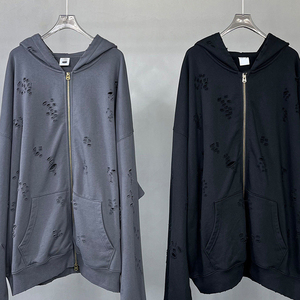 เสื้อฮู้ดดี้สตรีทแวร์แบบซิป ยูนิเซ็กซ์  ลายเรียบ  ดีไซน์หน้าเต็มแบบเปล่า  ขาดๆ แบบมีสไตล์  และสามารถปรับแต่งได้ - Product Image 2
