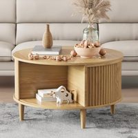 Table basse ronde convertible moderne en chêne naturel avec plateau relevable, rangement et étagère, meubles de salon