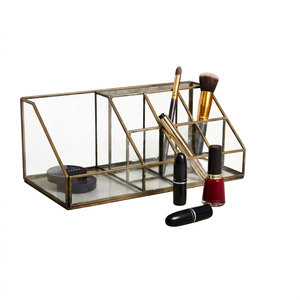 Organisateur de maquillage en verre, boîte de rangement rectangulaire avec cadre en métal pour pinceaux cosmétiques, rouge à lèvres et présentoir de vernis à ongles - Product Image 1