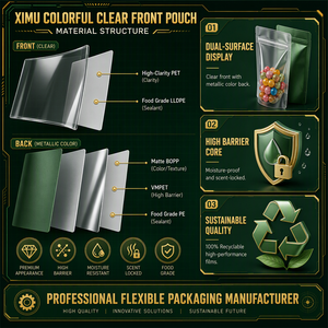 Sachet Doypack Ximu avec fermeture éclair, face transparente colorée et dos en aluminium, pour emballage alimentaire et de snacks, vente en gros usine - Product Image 3