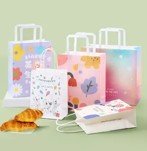 Custom Paper Bag Food White Pink Kraft Carry Your Own Logo Handle Small Mini To Go Custom Baked Packaged Snacks Paper Bag