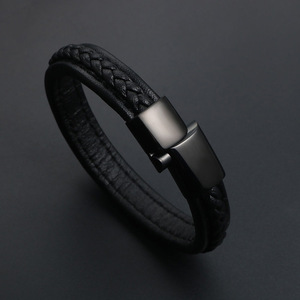 Minimalist <b>Titanium</b> Steel Woven Bracelet Black Leather Magnetic Clasp Men's Jewelry Accessory CE547 - Product Image 3