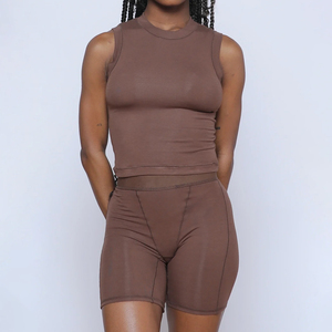 Set da <span class=keywords><strong>donna</strong></span> Loungewear personalizzato comodi <span class=keywords><strong>Leggings</strong></span> canottiera in <span class=keywords><strong>cotone</strong></span> a coste da salotto da <span class=keywords><strong>donna</strong></span> set Shorts estivi a due pezzi - Product Image 3