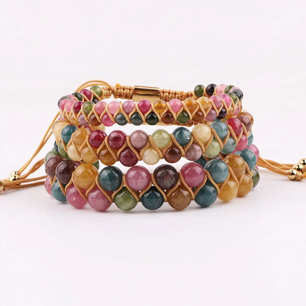 New Color Tourmaline Jade Stone Double Layer Woven Handmade Bracelet Macrame With Custom Logo For Women JBS12573