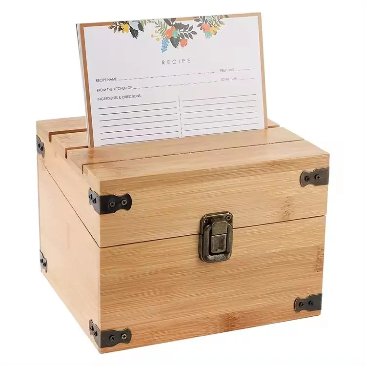 Caixa de receitas de madeira vintage de bambu natural personalizada com cartões e divisórias