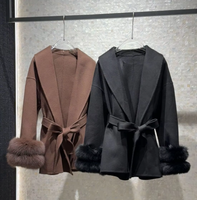 Manteau long en laine double face sur mesure avec poignets en fourrure de renard et ceinture, fabrication OEM, vente en gros, marque privée pour femmes