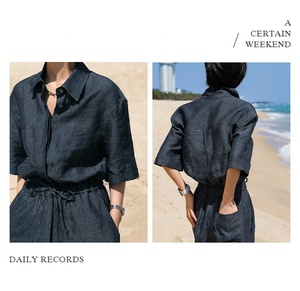 Personnalisé été modeste mode élégant décontracté <span class=keywords><strong>combishort</strong></span> femmes sans manches ceinturé taille barboteuse poches 100% <span class=keywords><strong>lin</strong></span> combinaison - Product Image 5