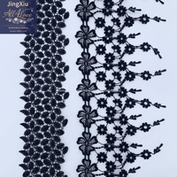 Bordure en dentelle brodée de feuilles florales noires avec franges en maille pour la décoration d'Abaya, Kaftan, Jalabiya