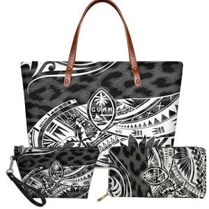 Черно-белые роскошные племенные сумки для женщин, Гуам, полинезийская Сумка-тоут с принтом татуировки, рабочая сумка, подходящий кошелек, сумка для макияжа