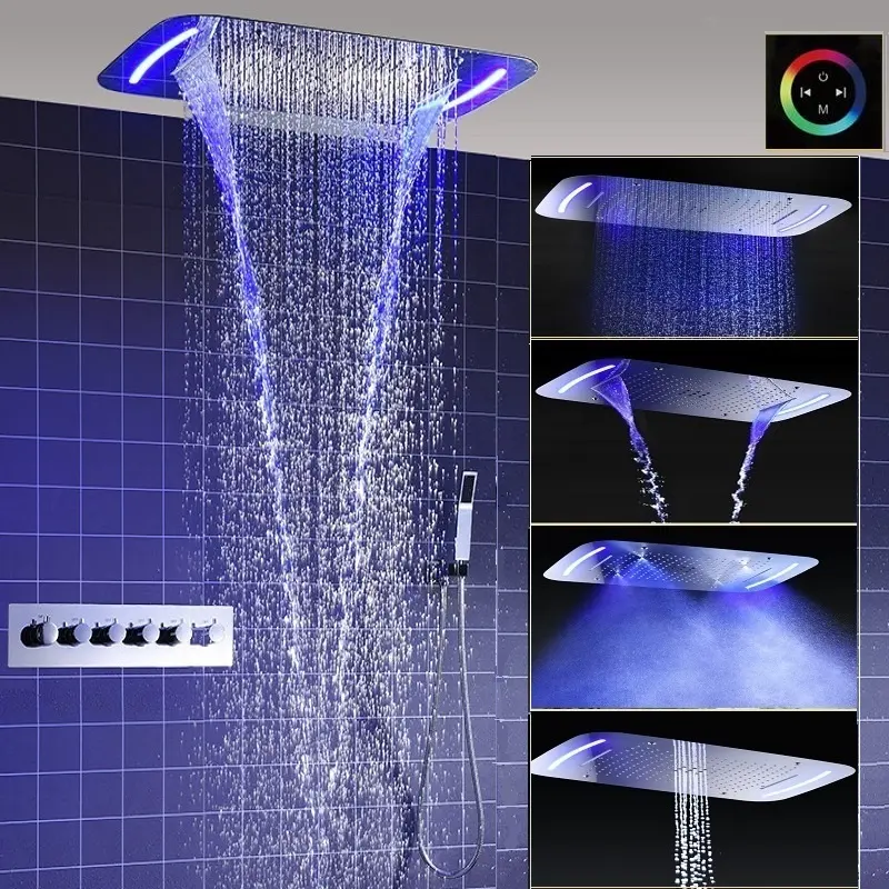 Luxury Bathroom Ceiling Shower Fixtures Large Rain Shower Head Set Multi-function System With Led Color Control Panel