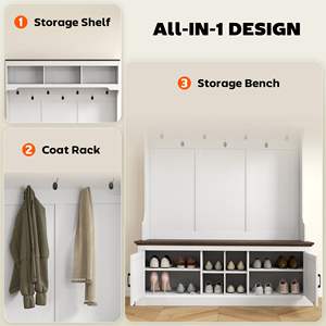 Db 3-In-1 Hall Tree White Wood Grain <b>Wall</b> <b>Mounted</b> <b>Storage</b> Cabinet With <b>Shoe</b> Rack Bench Entryway Coat Rack Hooks Modern Design - Product Image 5
