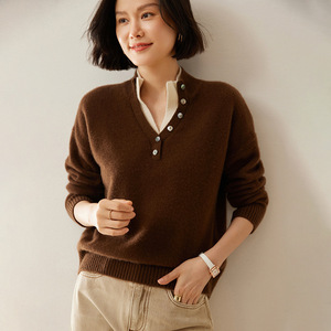 Pull en cachemire à col Henry pour femme, OEM/ODM, ample, décontracté, polyvalent, en laine tricotée de qualité supérieure, logo personnalisé - Product Image 6