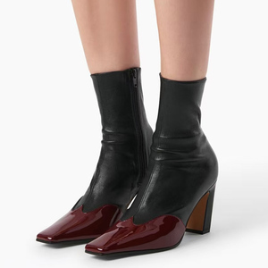 Botines Cortos de Tacón Grueso para Mujer, con Estampado de Leopardo, Punta Cuadrada, Cierre Lateral, Botas de Tobillo, Color Rojo Charol, Combinación de Colores - Product Image 2