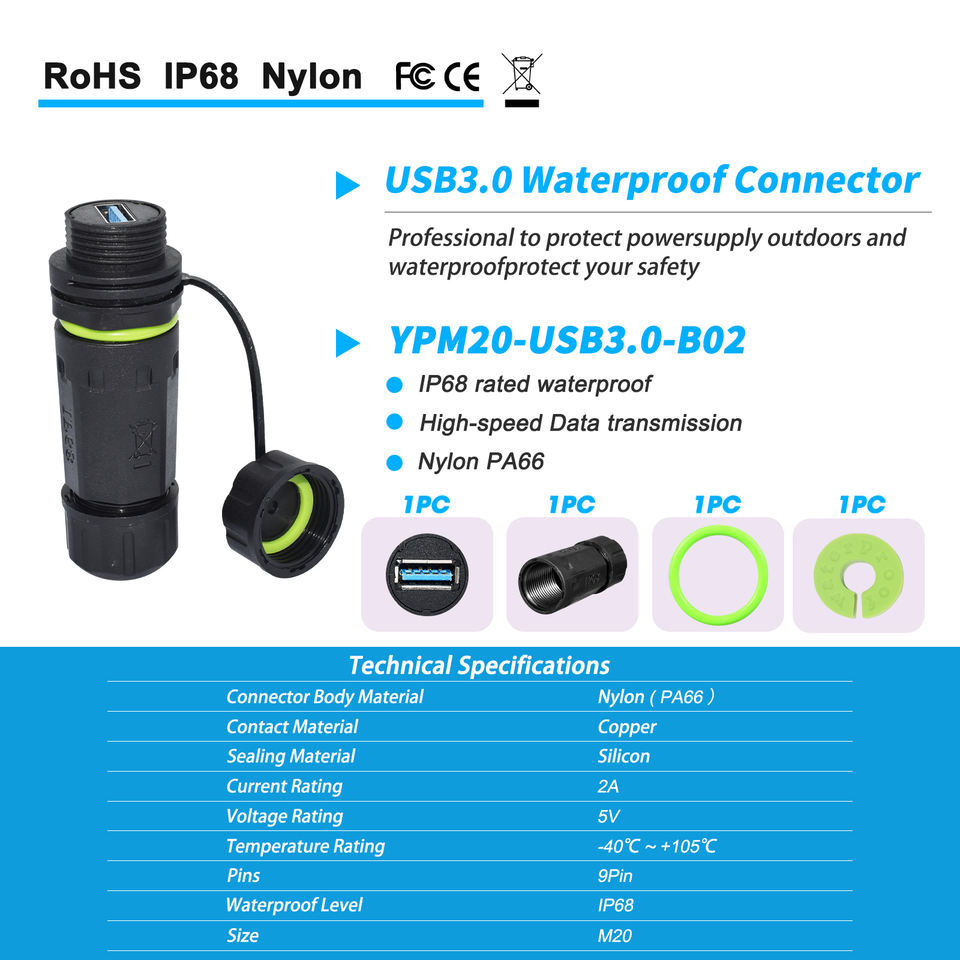 YPM20-USB3-B M20 IP68 Waterproof USB 3.0 Panel Mount Connector