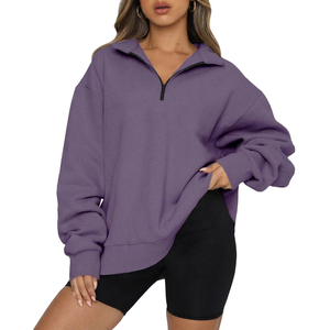 Women Oversized Solid Color Zip-Up Sweatshirt <b>Drop</b>-Shoulder <b>Stand</b> Collar Knitted Cotton Polyester Autumn Wear Regular Fit - Product Image 1