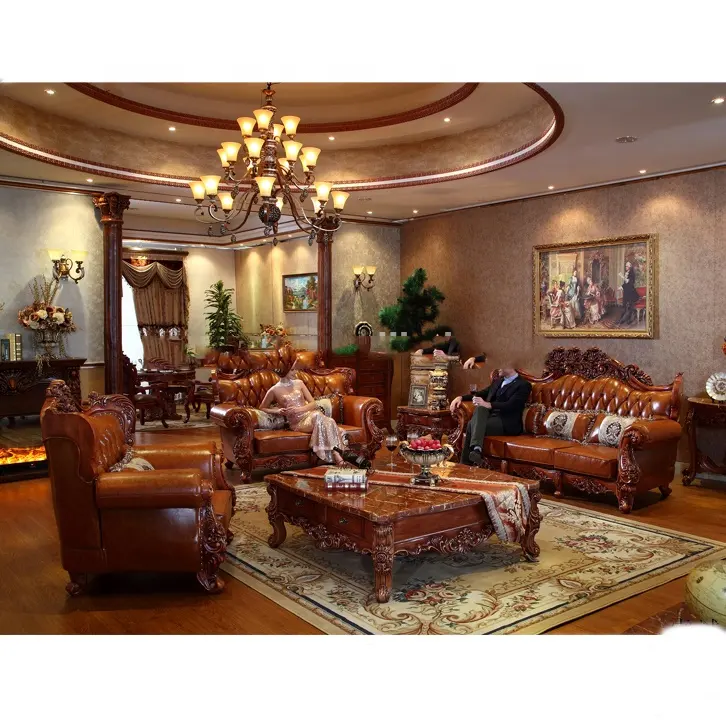 Sofás de sala de estar italianos, sofás antigos clássicos para sala de estar, móveis de luxo europeu, sofá de couro falso para vila