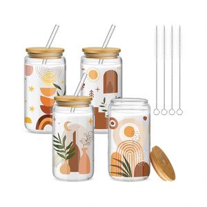 12 oz 16 oz Borosilicate Glass Can <b>Cup</b> Pint Tumbler with Bamboo <b>Straw</b> <b>Lid</b> Modern Style Dishwasher & Microwave Safe for Adults - Product Image 1