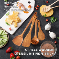 Ensemble d'ustensiles en bois 5 pièces : spatule, cuillère, louche, résistant aux aliments, antiadhésif, résistant aux hautes températures