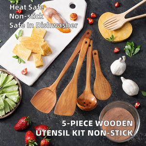 Ensemble d'ustensiles de cuisine en bois 5 pièces : cuillères, spatules et fourchettes naturelles, écologiques, compatibles lave-vaisselle, outils de cuisine pour la maison - Product Image 2