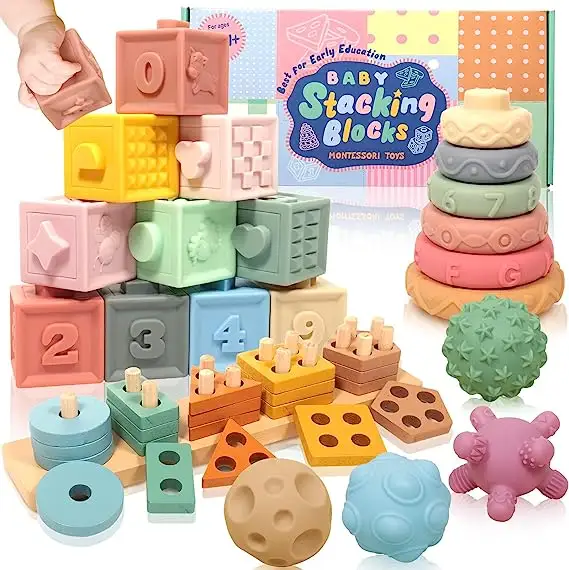 Jouets doux pour bébés Montessori sensoriels: 3 en 1 en forme de bloc de construction empilable enfants jouets éducatifs d'apprentissage préscolaire
