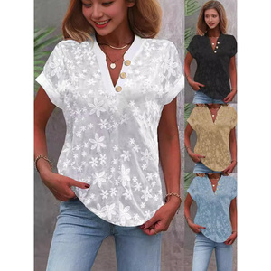 Camicia corta estiva RNSHANGER camicetta di <span class=keywords><strong>pizzo</strong></span> bianco Casual con taglio a occhielli Top ricamato che indossa camicetta da donna vuota - Product Image 2