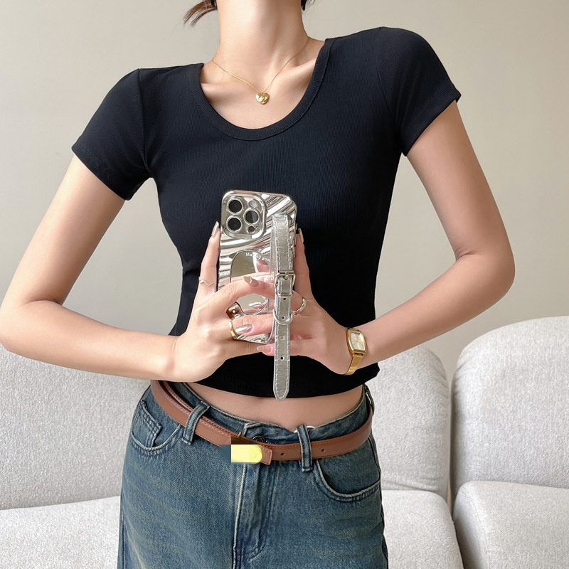 Pure Cotton Threaded Small Round Neck Slim-Fitting Short Bottoming Shirt Women's Inner T-Shirt