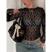 Top Corto de Manga Larga Transparente de Encaje y Poliéster Transpirable, Camiseta Ajustada Sexy para Mujer, Ropa de Fiesta y Club para Otoño e Invierno