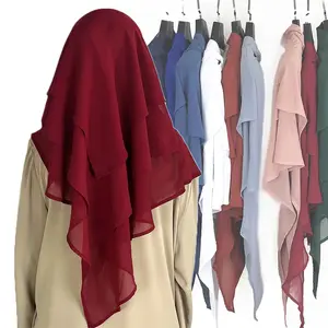批发伊斯兰土耳其头顶领带背平原祈祷围巾穆斯林妇女头巾雪纺薄纱3层长Niqab Jilbab Khimar