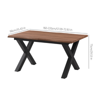 Table à manger extensible en MDF avec plateau central rabattable, pieds en fer noir thermolaqué en forme de X, finition grain de bois