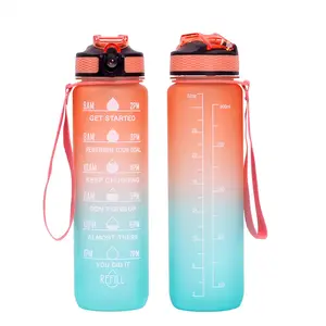 吸管水瓶32盎司带时间标记饮用Tritan BPA免费1L运动杯带背带防漏健身房健身户外