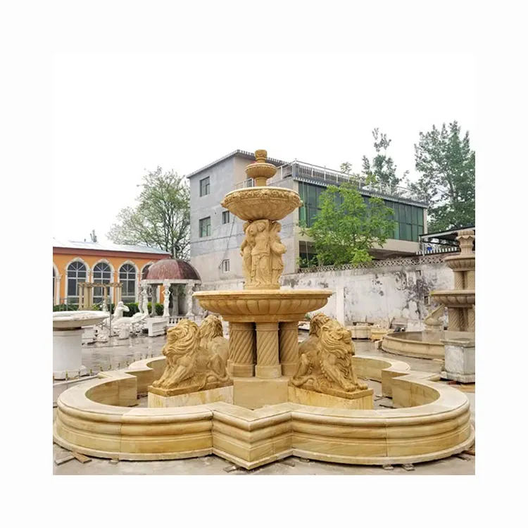 Große billigste Garten dekoration geschnitzten Steinbrunnen gelben Marmor wasser brunnen mit Dame und Löwen statue