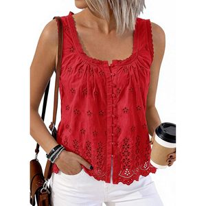 Womens Tank Tops <b>Red</b> Embroidered Eyelet Button Down Summer Casual <b>Blouse</b> Breathable Cotton Top Beach Vacation Clothes - Product Image 5