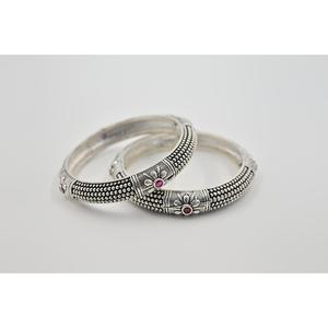 925 Silver Vintage Ethnic Flower Pattern Ruby Inlay Bezel Setting <b>Bangles</b> Women's Everyday Wear Jewelry - Product Image 1