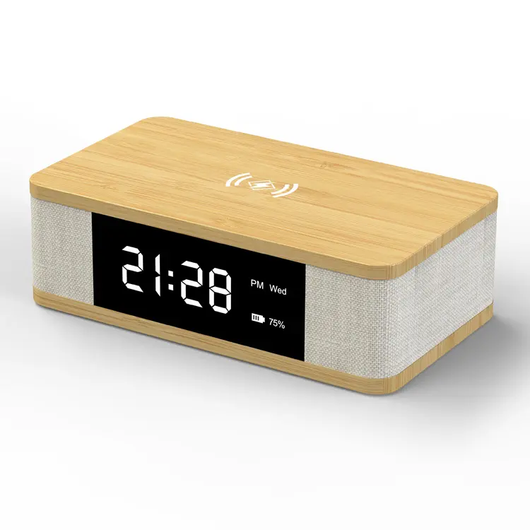 Clock Alarm Screen Display Wireless Charger 5.0 BT Speaker Bamboo Mini Wood Portable Subwoofer 3 in 1 for Iphone 13 Battery OEM