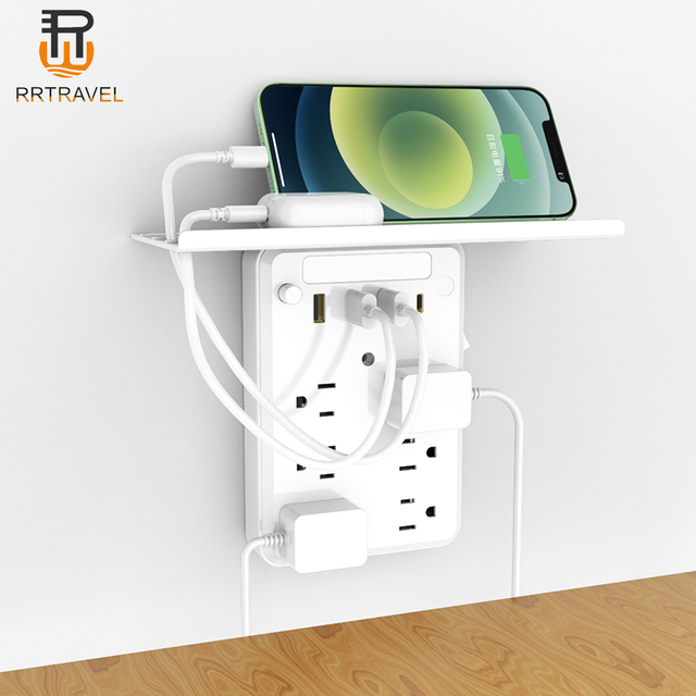 Smart LED Night Light Wall Mount Electrical Surge Protector USB Extension Shelf Socket 6 AC Outlets 4 USB Ports CE/FCC for