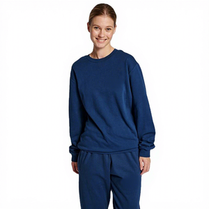 Sudadera de Cuello Redondo para Mujer, Color Azul Marino, 100% Algodón, Manga Larga, Corte Holgado, Informal, Otoño, Color Sólido - Product Image 1