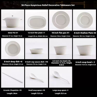 Service de vaisselle en céramique blanche de luxe en gros, durable, design gaufré brillant, en stock pour usage domestique et professionnel