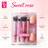 Lot de 5 pinceaux de maquillage pour le visage et les joues Sweet Rose, étui transparent, kit professionnel de pinceaux pour poudre, blush et fard à paupières pour femmes