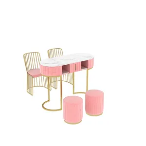 Pink Double Net Red Marble 140CM Nail Art Table And Chair For Salon Furniture In Malls