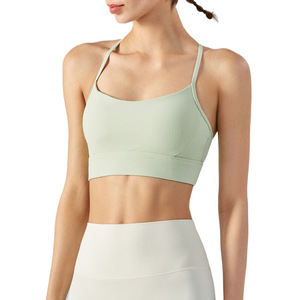 En gros, Brassières de sport pour femmes, côtelées, à bretelles en T, dos halter, coupe courte, extensibles, rembourrées, à maintien léger, pour yoga, fitness et Pilates - Product Image 2