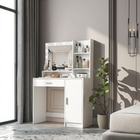Meja Rias Modern Nordik untuk Kamar Tidur, Meja Makeup Rumah dengan Cermin LED Geser, Panel Kayu, Cocok untuk Apartemen