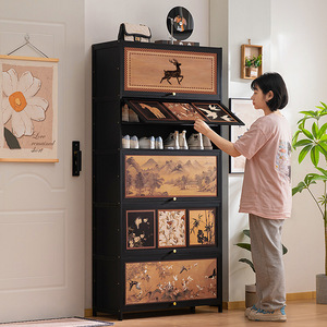 Vintage-style <b>shoe</b> cabinet, multi-layer floor-standing simple entryway <b>shoe</b> <b>rack</b>, integrated with multiple <b>storage</b> units. - Product Image 4