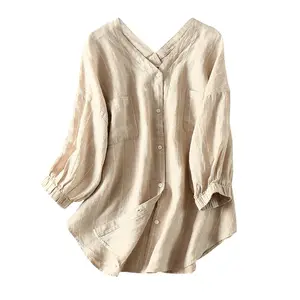 Sıcak satış kadın elbise kadın organik kenevir pamuk v yaka gevşek bluz gömlek kadın camisas