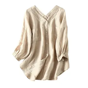 Hot Selling Women Dress Women's Organic Hemp Cotton V-neck Loose Blouse Shirt Women's Camisas