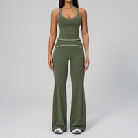 Conjunto Deportivo de Tela Suave Cepillada con Bloques de Color, Sujetador de Doble Tirante y Pantalones de Pierna Ancha con Control Abdominal para Mujer, Ropa Deportiva para Gimnasio