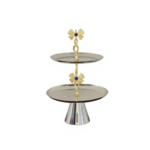 Plateau de service en métal de luxe à 2 niveaux, support à gâteau élégant en argent et or, plateau à dessert pour fête de thé, mariage, décoration de la maison - Product Image 1